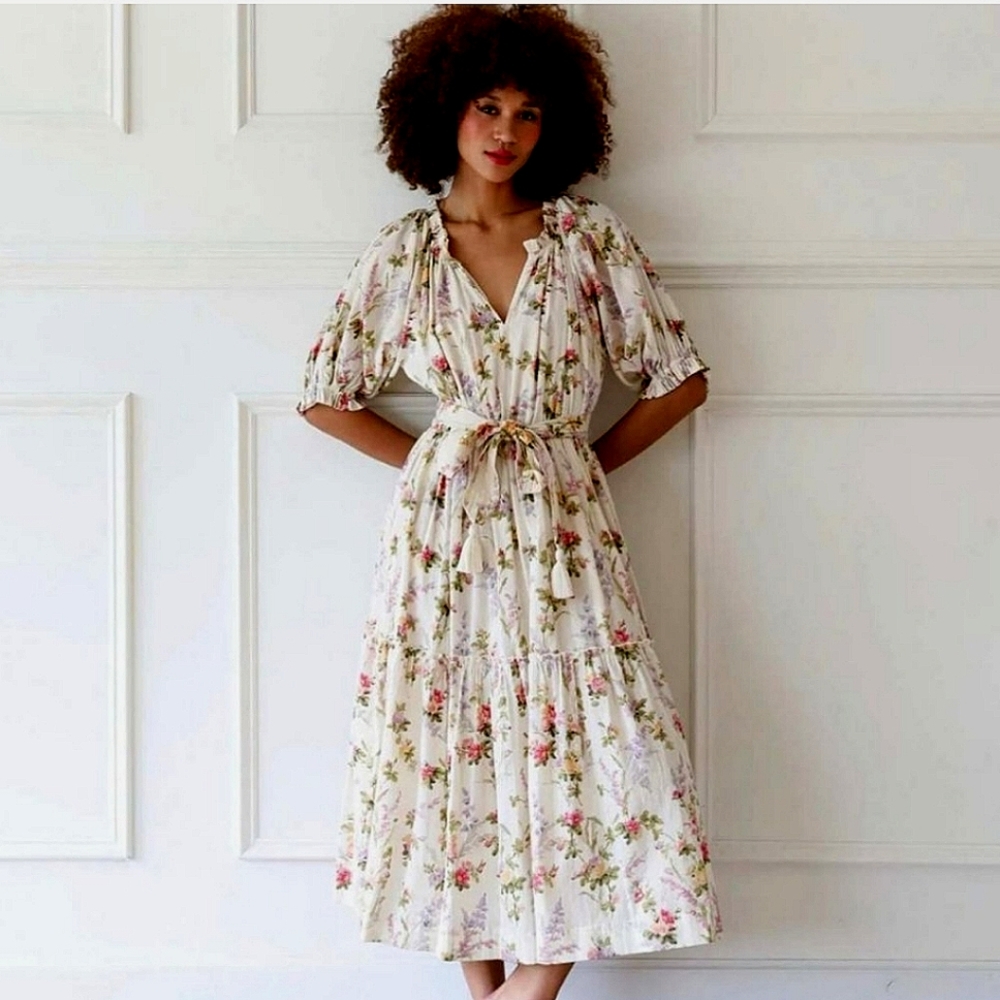 Mille Resort & Travel Floral Puff Sleeve Zoe Trianon Midi Dress Cottagecore MD